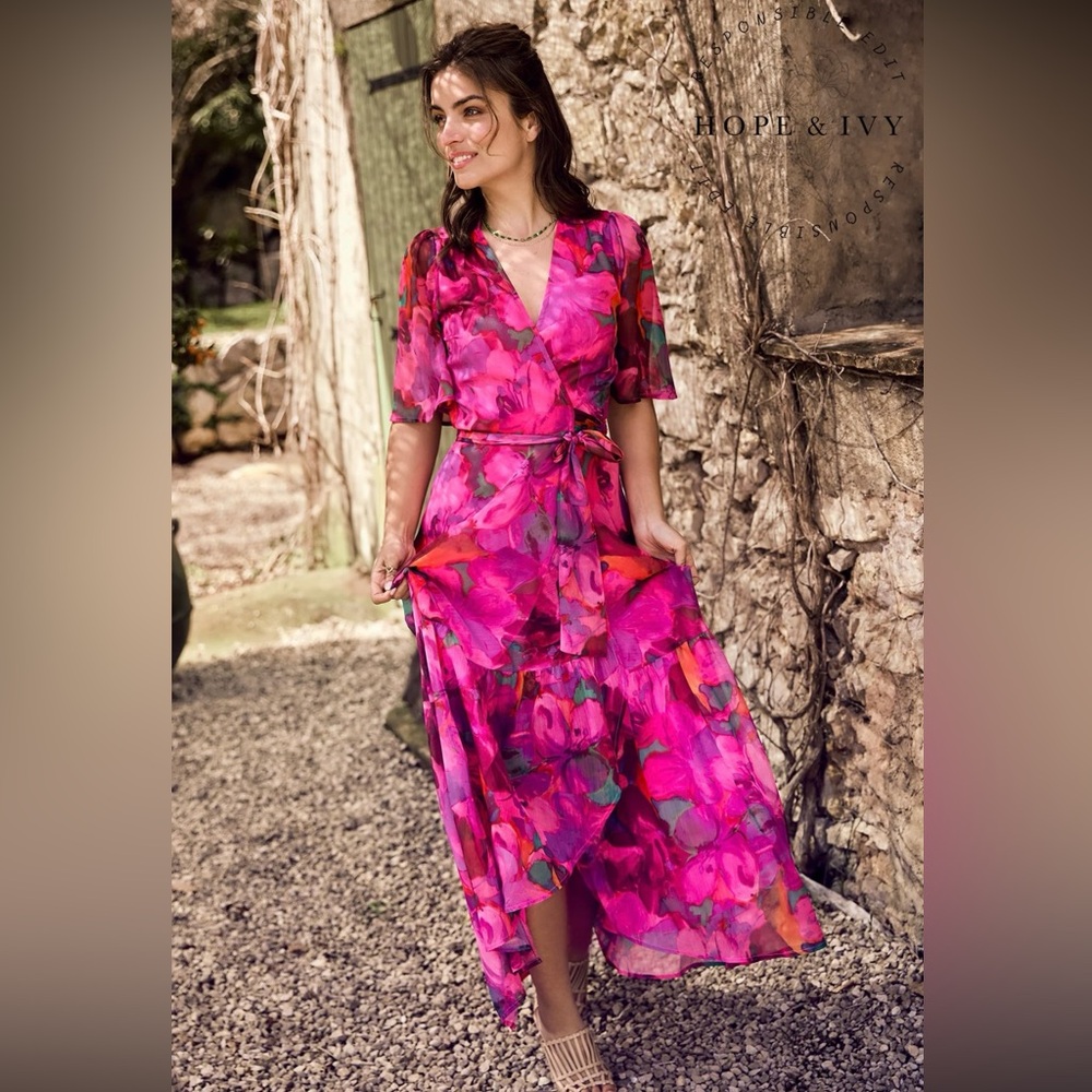 Hope & Ivy Corinne Flutter Sleeve Maxi Wrap Dress.